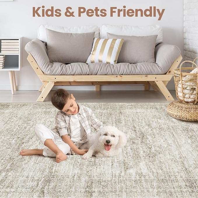 Washable Area Rugs for Living Room -10x14 Neutral Vintage Distressed Floral Farmhouse Boho Large Soft Floor Rug Indoor Non Slip Carpet for Living Room Bedroom Dining Room Office-Beige