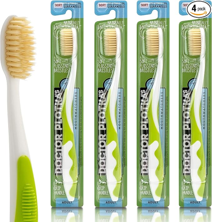 MOUTHWATCHERS Soft Flossing Toothbrushes, Value Pack of 4, Green, Manual Toothbrush for Adults, Ultra Clean, Good for Sensitive Teeth and Gums, by Dr. Plotka's