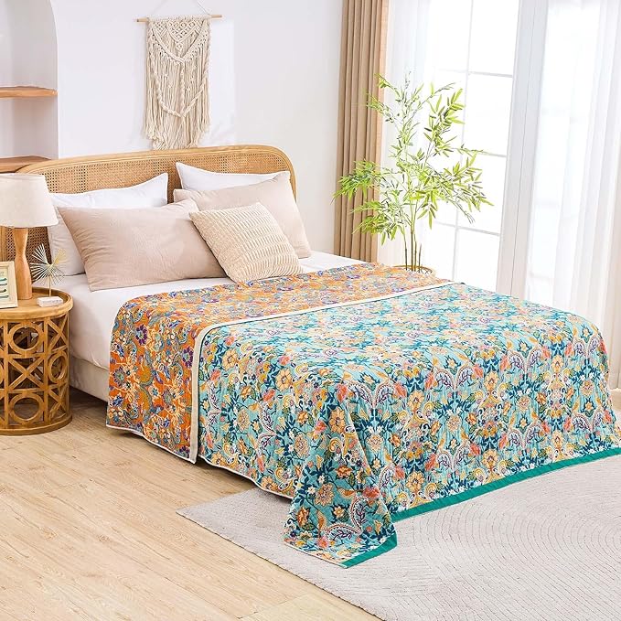 Boho Blanket Throw Quilt, 100% Cotton Soft Light Weight Throw Blankets for Summer, 80"x90" Farmhouse Flower Decorative Blankets, All Season Rustic Reversible Bohemian Throw Quilt