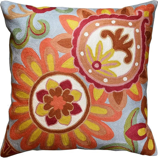 Soft Turquoise Hand Embroidered Floral Pillow Cover Flower Pillows Loral Outdoor Pillowcase Suzani Cushions Flower Chair Cushion Hand Embroidered Wool Size 18x18