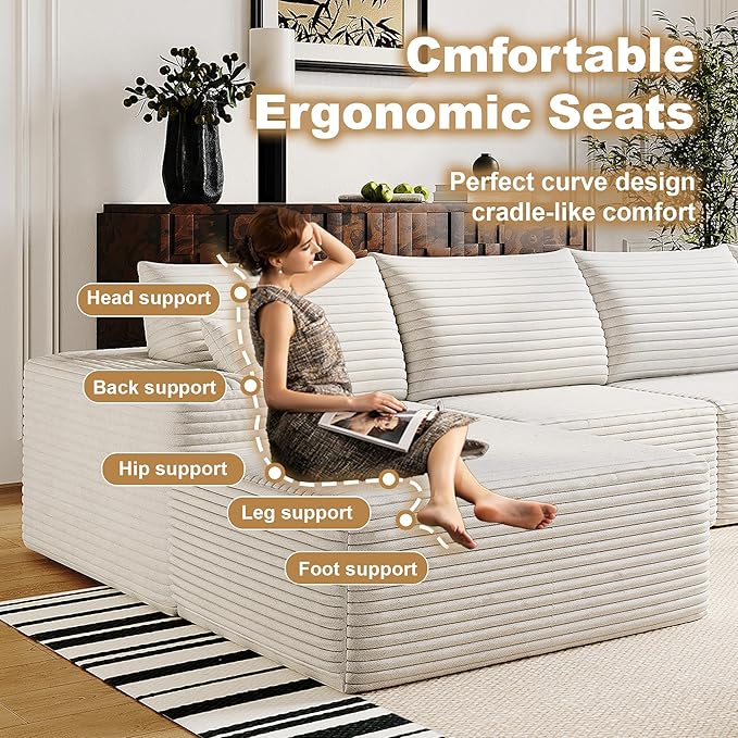 108" Sectional Couches for Living Room Modern Modular Sofa with L-Shape Couchs Upholstered Boneless Couch Deep Seat Sectional Couch with Chaise (White, Left Facing Chaise+2Seaters+1Ottoman)