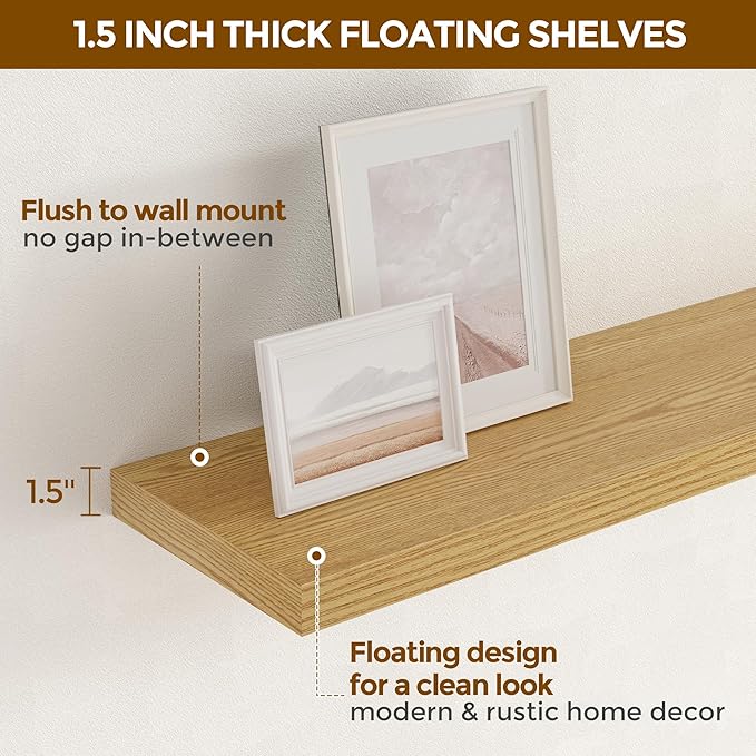 Rustic Wood Floating Shelves 32 Inch Long, 9 Inch Deep Wall Shelves for Home Decor, 32 x 9 Floating Shelf Wall Mounted Set of 2, Deep Floating Shelves for Kitchen, Bedroom, Living Room, Oak Color