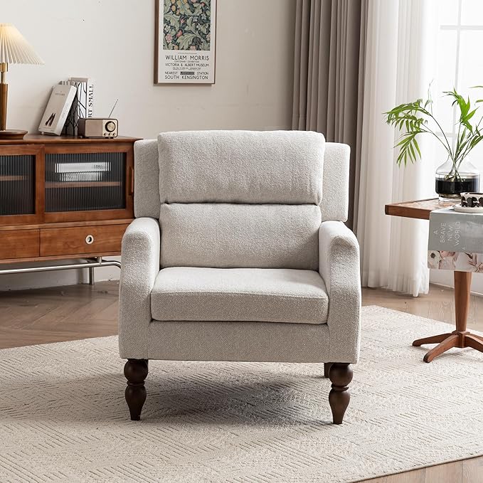 Kidol & Shellder Beige Oversized Accent Chair for Living Room Set of 2 Modern Reading Chair with Back Wide Upholstered Comfy Single Sofa Chair for Bedroom Lounge Side Corner Boucle Fabric Armchair