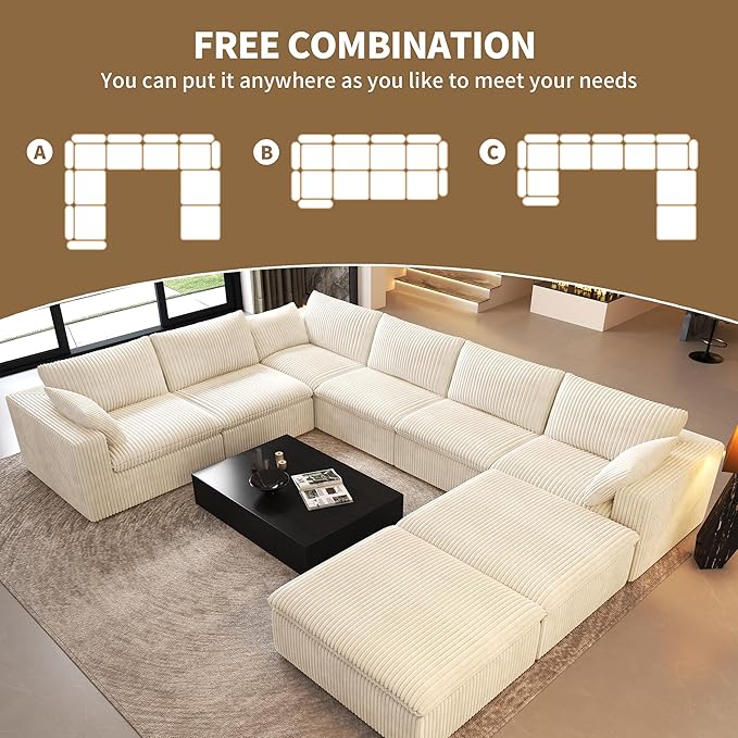 Oversized Modular Sectional Cloud Couch,157.5" U Shaped Modern Sofa with 2 Ottoman and 2 Middle Seats,Upholstered Couches with Corduroy Fabric for Living Room Furniture,No Assembly Required,White
