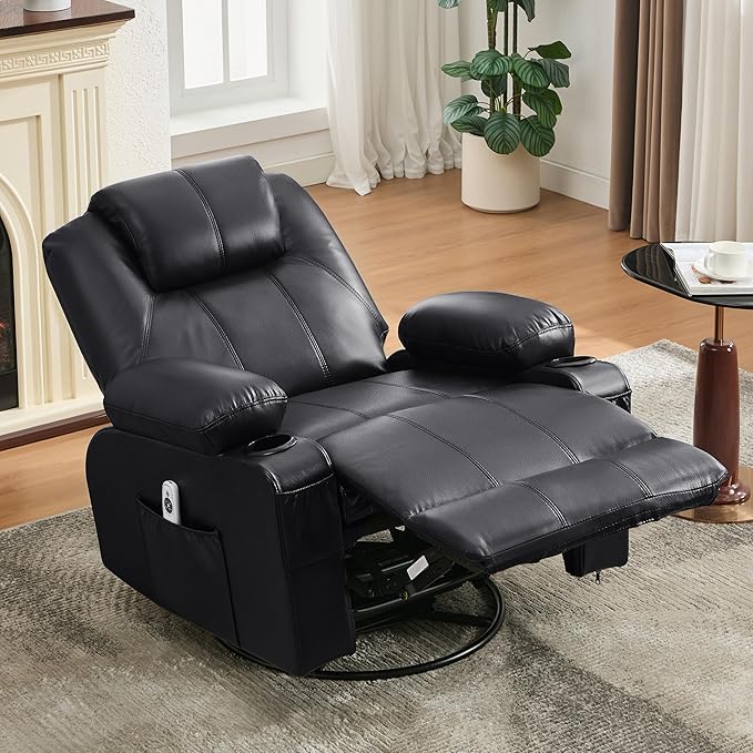 Swivel Rocker Recliner Chair with Heat and Massage, 360 Degree Swivel Rocking Single Sofa with Cup Holders and USB Port, Large Big Recliner Chair for Living Room (Leather, Black)