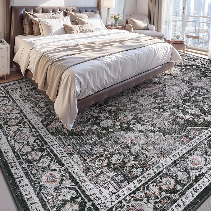 AMOAMI-Area Rug 6X9 Rugs for Living Room-Vintage Sof Dark Grey & Black Rugs for Bedroom-Non Slip Carpet-Machine Washable Rug for Dining Room Living Room Bedroom Office Under Table