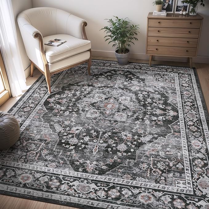 AMOAMI-4X6 Area Rugs for Living Room -Soft Vintage Bedroom Rug-Non Slip Washable Rug-Throw Rugs for Living Room Bedroom Bedside Dining Room Office Dark Grey & Black