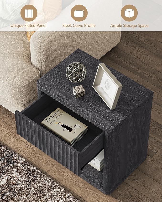 SICOTAS Night Stand Nightstand with Drawer Storage Fluted Bed Side Table End Table Large Modern Wide Bedside Mid Century Night Stands for Bedroom Living Room Sofa Couch Home Office, Dark Grey Alder