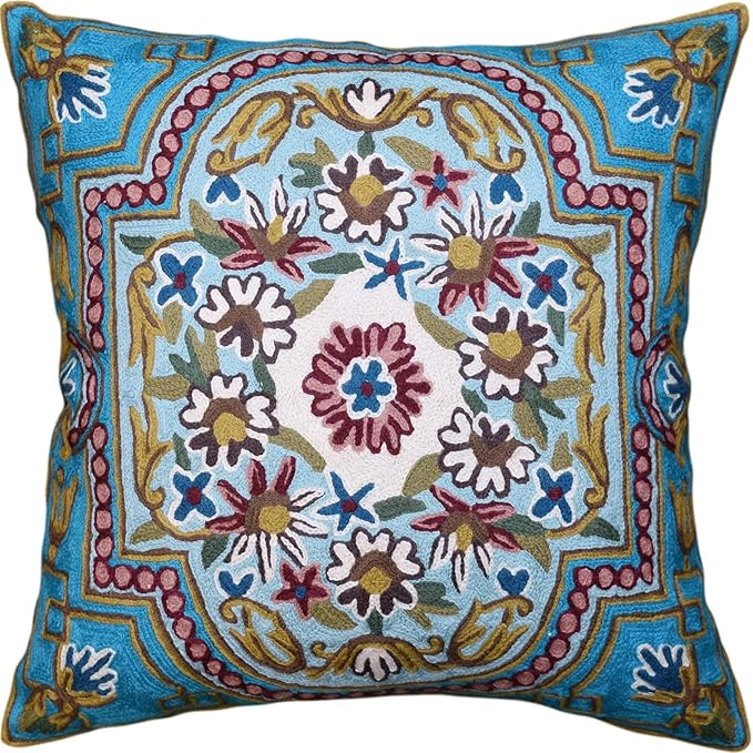 Turquoise Floral Pillow Cover Traditional Blue Flower Pillowcase Traditional Outdoor Cushion Suzani Flower Throw Florals Chair Farmhouse Hand Embroidered Cushions Wool 18x18 Inch