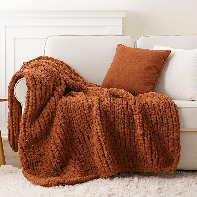 Battilo Chunky Knit Throw Blanket, Soft and Thick Chenille Throw Blanket, 50"x60" Handmade Cable Knit Crochet Blanket, Large Rope Knot Throw Blankets for Couch Sofa Bed Home Decor, Caramel
