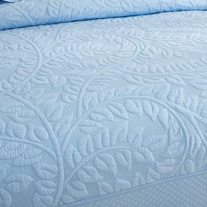 MarCielo 3-Piece 100% Cotton Oversized Bedspread Lightweight Quilt Coverlet Embroidery Farmhouse Bedding Set T0 (Light Blue, Oversized Queen (100"x106"))