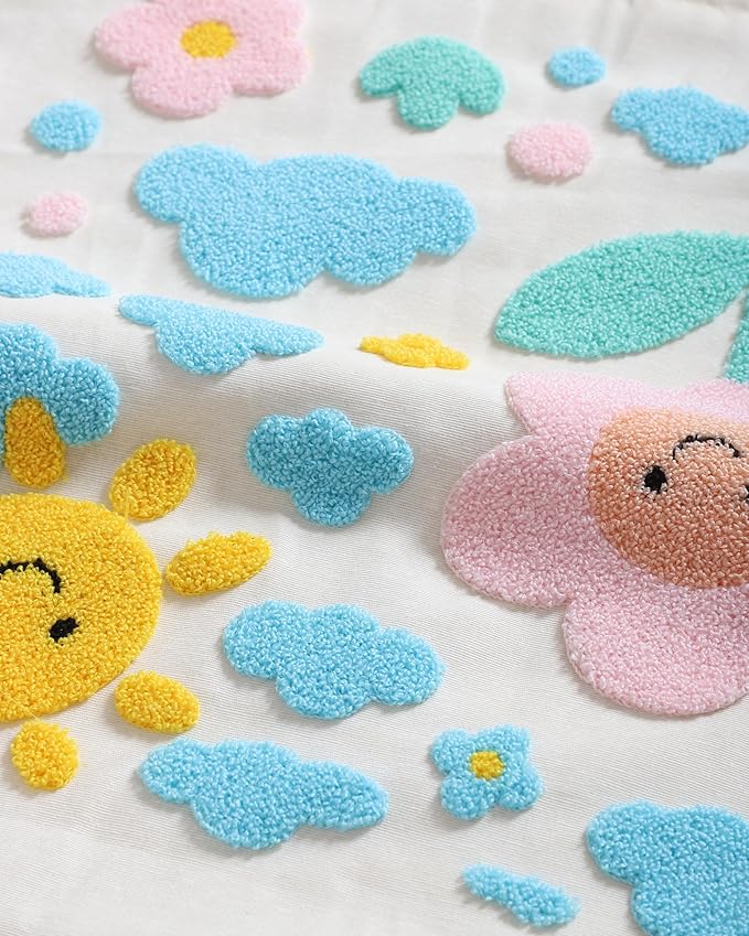 katre home madame & textile Throw Pillow Cover – Sun & Cloud Punch Needle Cushion 18x18 inch – Handmade Embroidered Boho Cotton Pillow for Couch, Bed or Nursery Room Decor