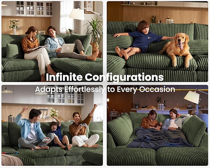 Oversized Modular Sofa, Extra Deep Cloud Corduroy Sectional Couch with Ottoman Chaise, Fluffy Chenille 4 Seat L-Shaped Sofa for Living Room, Villa (L Shape 4 Seater, Corduroy Green)