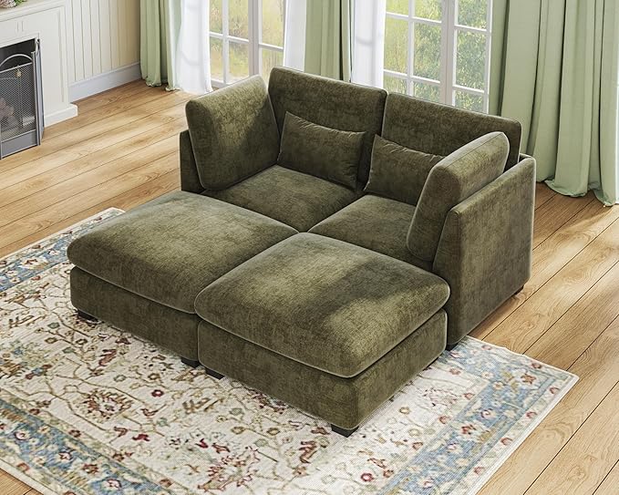 Oversized Modular Sofa, Extra Deep Cloud Chenille Sectional Couch with Ottoman Chaise, Fluffy Chenille 2 Seater Sofa Bed for Living Room, Villa (Sofa Bed 4 Seater, Chenille Green)