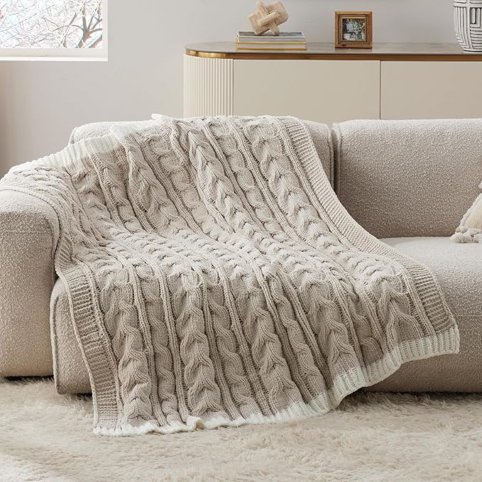 Bedsure Cable Knit Twin Blanket for Couch Bed - Breathable Chenille Chunky Knit Twin Blanket for Decorative Gift, GentleSoft Cozy and Warm for Winter and All Seasons, Beige, 60x80 Inches