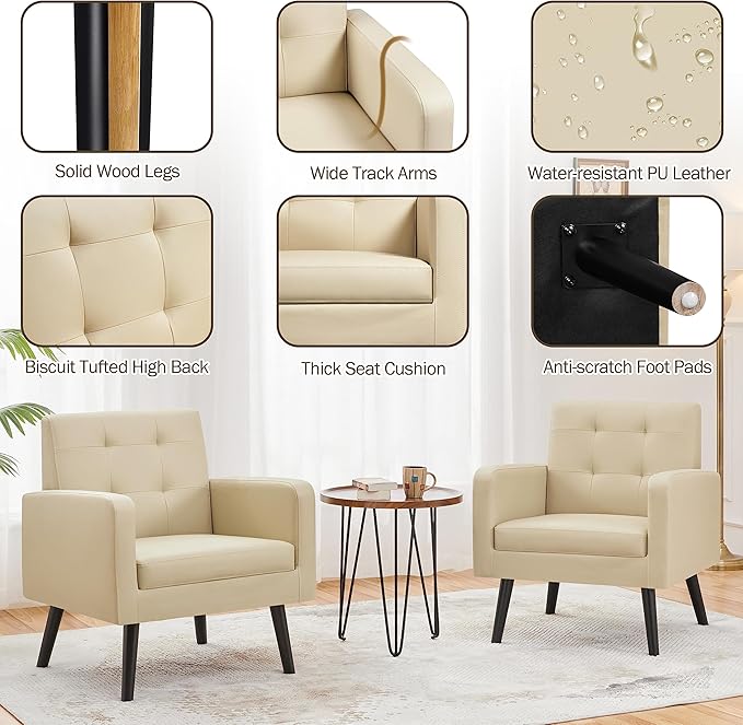 Yaheetech Mid-Century Accent Chairs, PU Leather Modern Upholstered Living Room Chair, Cozy Armchair Button Tufted Back and Wood Legs for Bedroom/Office/Cafe Beige 2PCS