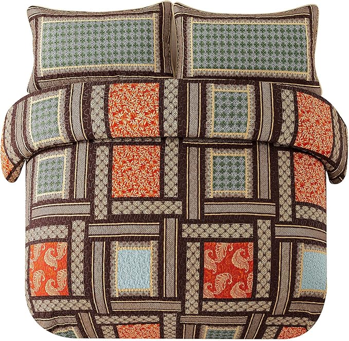 NEWLAKE Cotton Patchwork Bedspread, 3-Piece Bedding Quilt Set with Real Stitched Embroidery, Reversible Matelasse Bed Coverlet Set,Bohemian Farmhouse,Queen Size