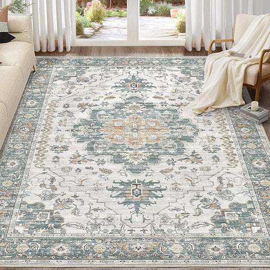 Washable Area Rugs for Living Room -10x12 Neutral Vintage Distressed Floral Farmhouse Boho Large Soft Floor Rug Indoor Non Slip Carpet for Living Room Bedroom Dining Room Office -Green/Grey