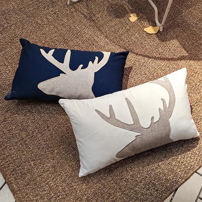 Lumbar Pillow Covers 12x20 Inches Deer Decorative Cotton Linen Deer Head Throw Lumbar Waist Embroidered Cushions Covers for Couch Sofa Bedroom White