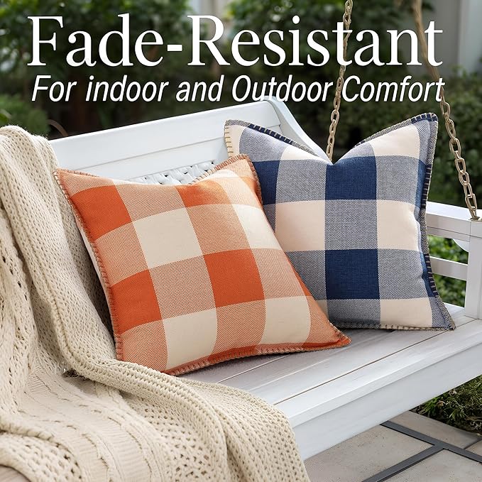 decorUhome Buffalo Plaid Check Throw Pillow Covers 24x24 Set of 2, Outdoor Decorative Farmhouse Neutral Pillow Covers with Stitched Edge for Bed Couch Sofa, Navy Blue and White