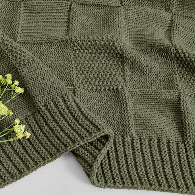 CozeCube Check Knit Throw Blanket, Olive Green Checkered Throw for Couch, Decorative Christmas Soft Cozy Warm Knitted Blanket for Bed Sofa Living Room, 60"X80"