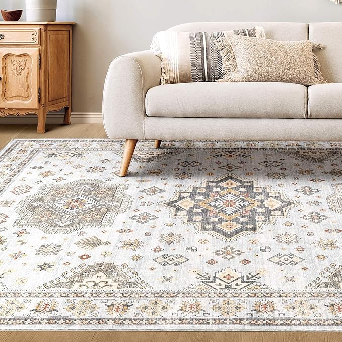 Washable Area Rugs for Living Room -9x12 Neutral Vintage Distressed Floral Farmhouse Boho Large Soft Floor Rug Indoor Non Slip Carpet for Living Room Bedroom Dining Room Office - Blue Brown