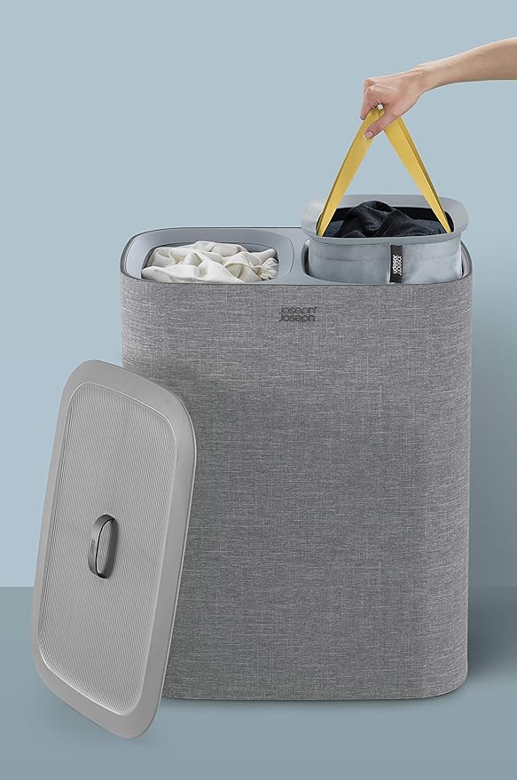 Joseph Joseph Tota 90 liter/23.8 gallon Laundry Hamper Separation Basket with lid, 2 Removable Washing Bags with Handles - Gray