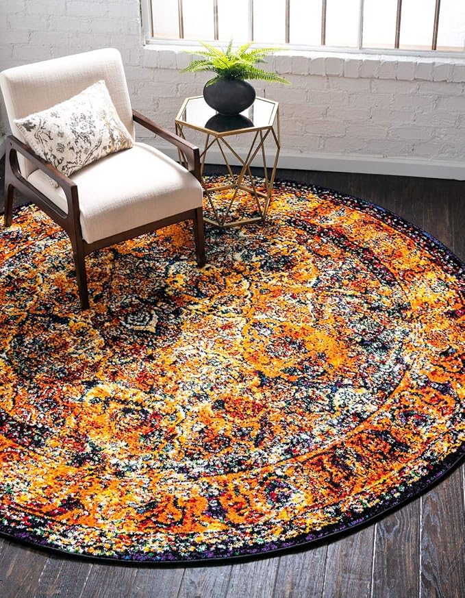 Unique Loom Rosso Collection Vintage, Traditional, Bohemian, Geometric, Border, Distressed, Southwestern Area Rug, 8 ft x 8 ft, Orange/Black