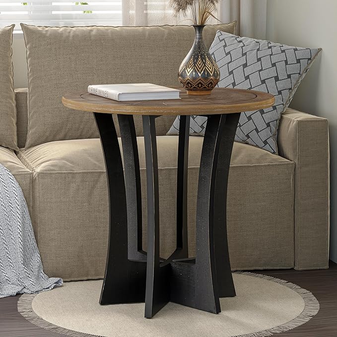 Farmhouse Round End Table with Criss-Cross Wood Legs, Rustic French Country Side Table for Dinning or Living Room, Modern, Black, Natural Wood, 23.62’’W*23.62’’D*23.22’’H