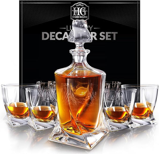 Whiskey Decanter Set for Men with 4 Drinking Glasses for Cognac, Bourbon, Rum, Scotch, Liquor Crystal Clear Decanter Sets House Warming Gifts New Home Whiskey Gifts for Men Dad Him