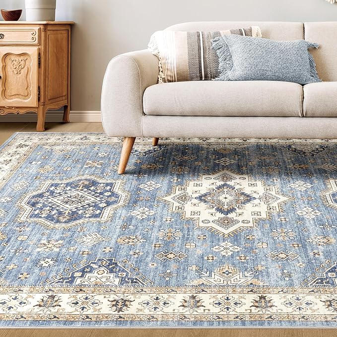 Washable Area Rugs for Living Room -8x10 Neutral Vintage Distressed Floral Farmhouse Boho Large Soft Floor Rug Indoor Non Slip Carpet for Living Room Bedroom Dining Room Office - Blue
