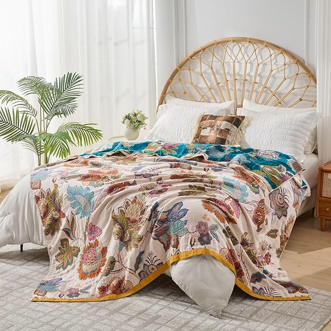 Summer Boho Throw Blanket for Bed, Multi Reversible Blanket Washable Breathable,Lightweight 4-Layer King Size Quilt for Bed,Floral Birds, 100% Cotton Muslin Large Travel Throw Blanket,90"x98"