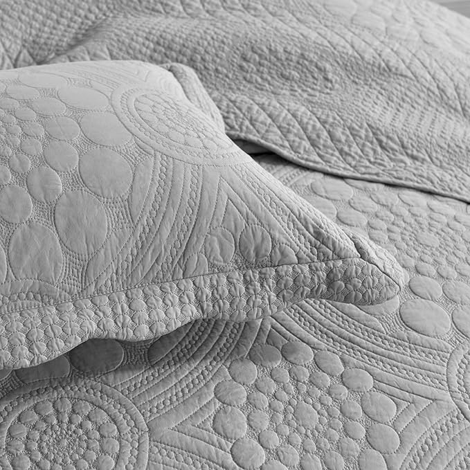 MarCielo 3-Piece 100% Cotton Oversized Bedspread Lightweight Quilt Coverlet Embroidery Farmhouse Bedding Set (Tf Light Grey, Oversized Queen (100"x106"))