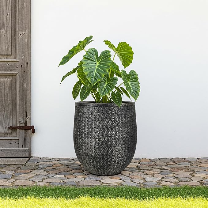Worth Garden 12" Dia x 15" H Round Planter – Lightweight Magnesium Oxide Cement Plant Pot with Texture – Raised Pattern Concrete Look – Drainage Hole – Indoor & Outdoor Use - Black Gold