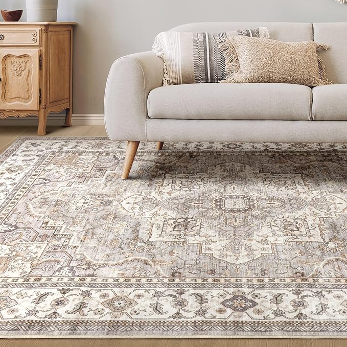 Washable Area Rugs for Living Room - 8x10 Neutral Vintage Distressed Floral Farmhouse Boho Large Soft Floor Rug Indoor Non Slip Carpet for Bedroom Dining Room Office - Grey Brown