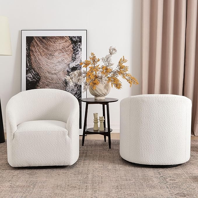 KINWELL 32" Wide Modern Boucle Swivel Barrel Chairs Set of 2, No Assembly Round Upholstered Swivel Accent Armchairs for Living Room, Bedroom (White)