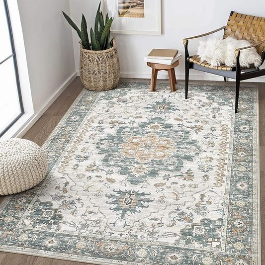 Washable Area Rugs for Living Room - 5x7 Neutral Vintage Distressed Floral Farmhouse Boho Large Soft Floor Rug Indoor Non Slip Carpet for Living Room Bedroom Dining Room Office - Green/Grey