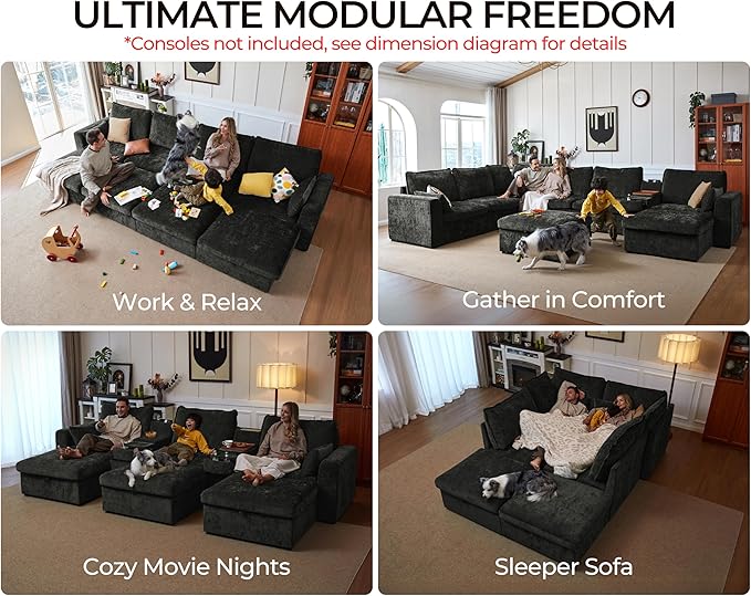 Oversized Modular Sofa Comfy Cloud Couch with Storage, Extra Deep Plush Sectional Sofa Set for Living Room, Covers Washable, Chenille, Olar (Black, 6-Seater with 2 Corners, u-Shaped)