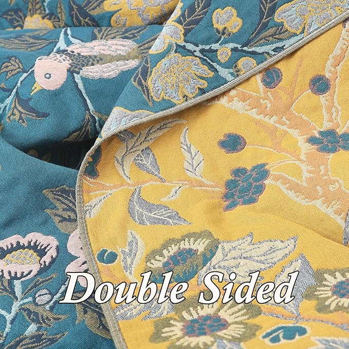 Snycler Boho Throw Blanket for Bed - 100% Cotton Ultra Soft Rustic Quilt Blanket Green Bird Floral Printed Farmhouse Decor Bed Blankets, 60"×80" All Season Rustic Throw for Sofa Couch Chair