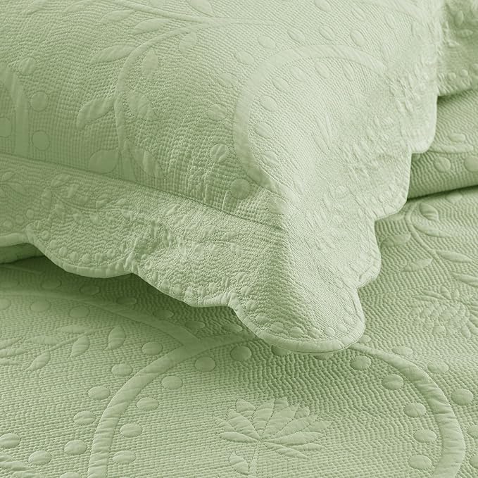 MarCielo 3-Piece 100% Cotton Oversized Bedspread Lightweight Quilt Coverlet Embroidery Farmhouse Bedding Set (TX Pale Green, Oversized King (118"x106"))