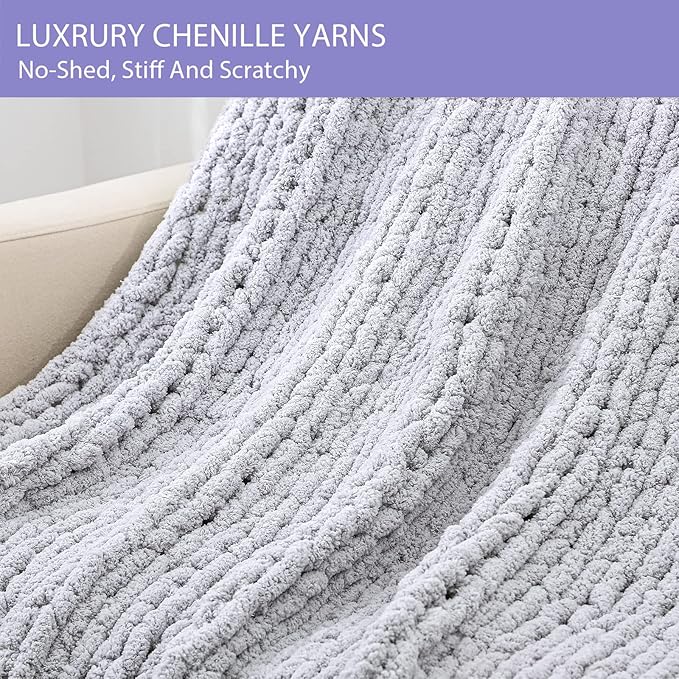 Bigacogo Chunky Knit Throw Blanket for Couch, 40x80 inches, 100% Hand Knitted with Thick Jumbo Chenille Yarn, Cozy Soft Large Rope Knot Cable Crochet Blankets for Sofa Bed Living Room, Light Grey