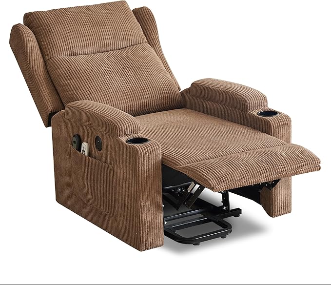 Lift Recliner Chair for Adults with Massage and Heating, Power Lift Recliner Chairs for Elderly, Corduroy Fabric Reclining Chair with USB &Type-C Port, Cup Holders, L6111 (Brown)