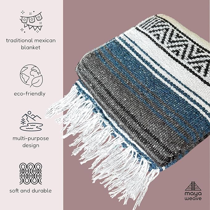 Traditional Handwoven Mexican Blanket, Large Falsa Serape - Soft & Durable - Vibrant Beach, Picnic, Yoga & Camping Mat - Lightweight Boho Throw 70"x50" (Onyx)