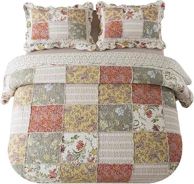NEWLAKE Cotton Patchwork Bedspread, 3-Piece Bedding Quilt Set with Real Stitched Embroidery, Reversible Matelasse Bed Coverlet Set,Floral Paisley Grid with Lace,King Size