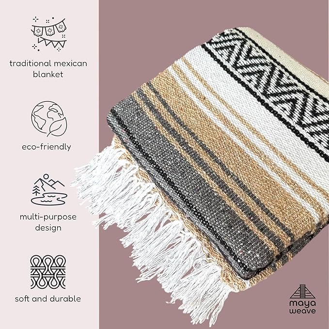 Traditional Handwoven Mexican Blanket, Large Falsa Serape - Soft & Durable - Vibrant Beach, Picnic, Yoga & Camping Mat - Lightweight Boho Throw 70"x50" (Haze)