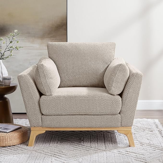 Large-Sized Accent Chair, Thick Cushion Bedroom Reading Chair, Comfortable Living Room Single Sofa, Boucle Camel