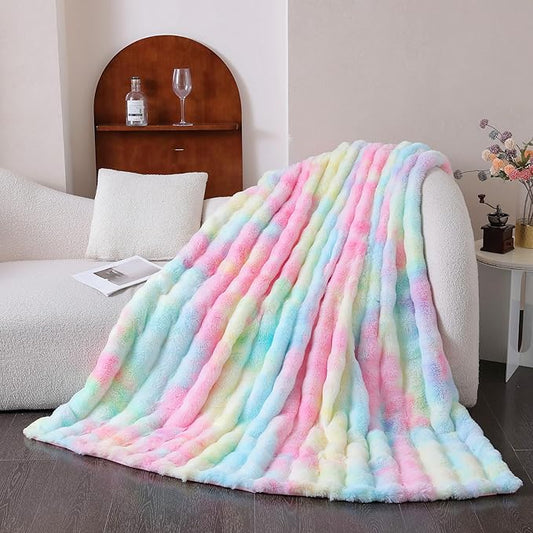 UKELER Colorful Plush Furry Throw Blanket 50''x60'', Super Soft Cozy Warm Blanket for Bed, Couch, Sofa, Office, Camping Shaggy Faux Fur Blanket Gift for Girls, Women