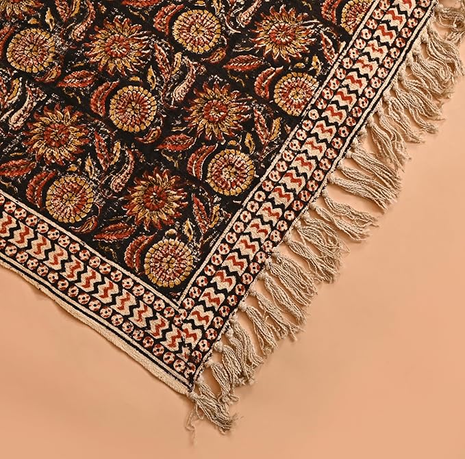 Bohemian Mud Cloth Handmade Throw with Tassels - 120x180 CM Handblock Printed Floral Cotton Blanket, Soft Handloom Sofa Throw for Living Room, Bed, Couch & Home Décor