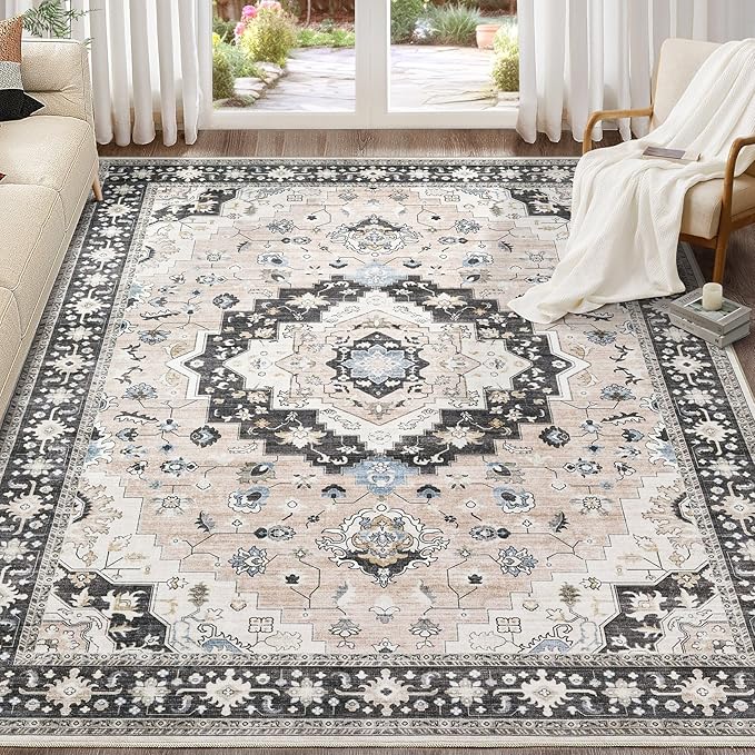Washable Area Rugs for Living Room - 9x12 Neutral Vintage Distressed Floral Farmhouse Boho Large Soft Floor Rug Indoor Non Slip Carpet for Bedroom Dining Room Office - Pink/Dark Green