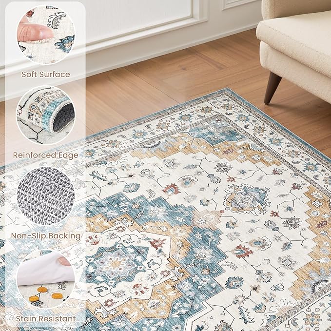 Washable Area Rugs for Living Room - 5x7 Neutral Vintage Distressed Floral Farmhouse Boho Large Soft Floor Rug Indoor Non Slip Carpet for Living Room Bedroom Dining Room Office - Blue/Yellow/Beige